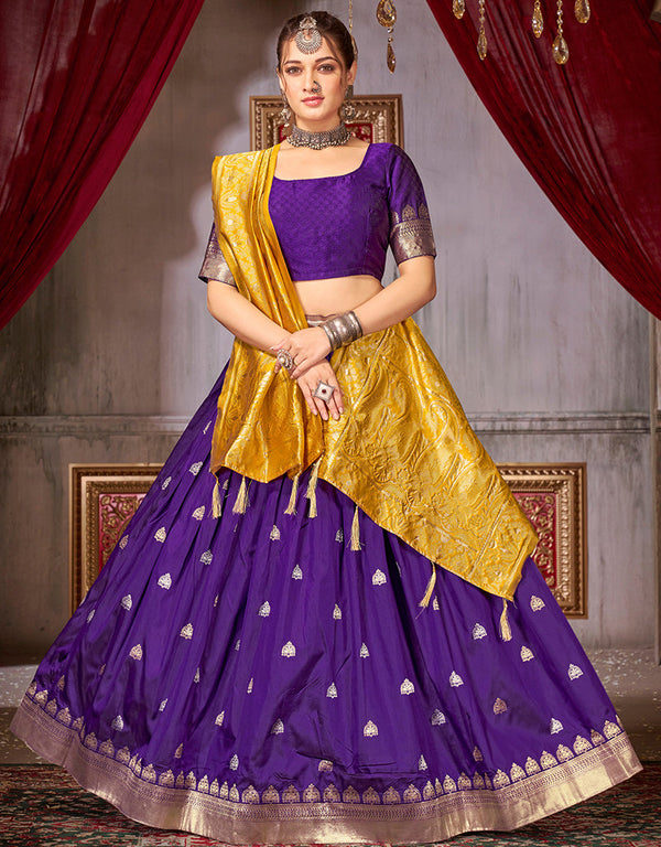 Traditional Function Wear Heavy Jacquard Silk Lehenga Choli Collection Purple Fancy Jaquard Silk Lehenga Choli Front View